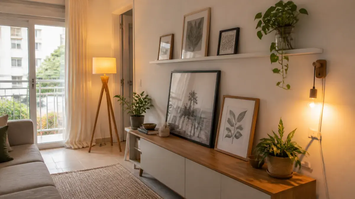 Rack baixo em sala pequena com quadros apoiados, plantas, luminária quente e poucos objetos afetivos agrupados.