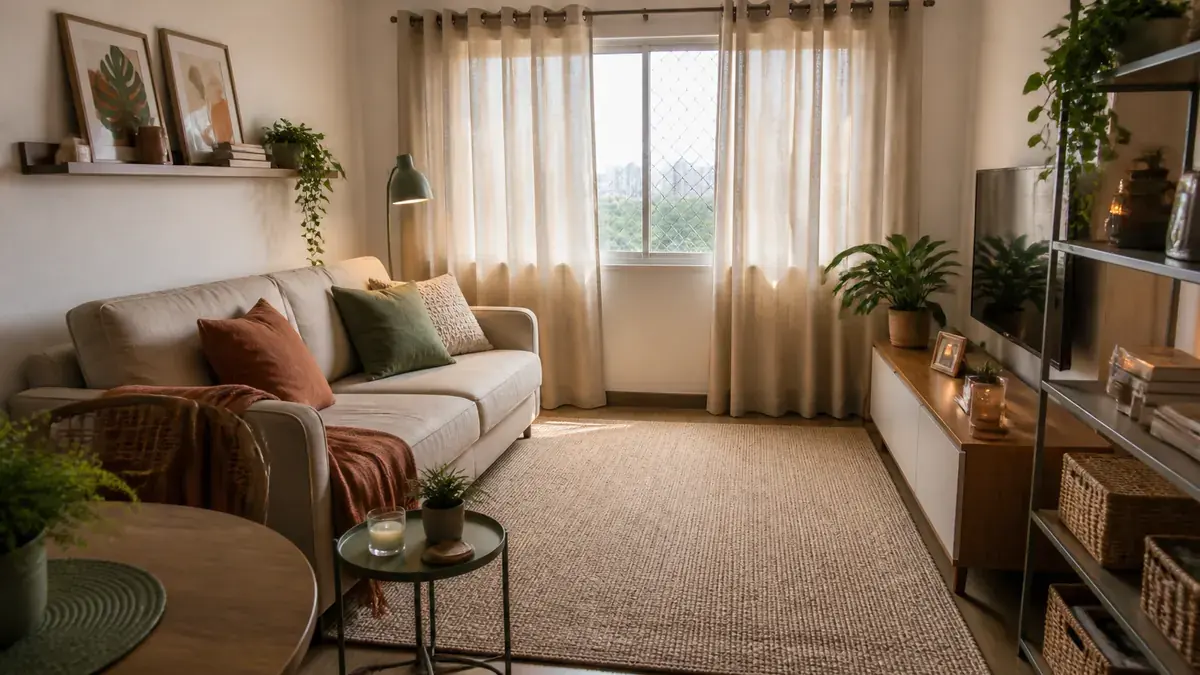 Sala pequena com sofá claro, cortinas translúcidas, almofadas em verde e terracota, tapete natural e plantas.