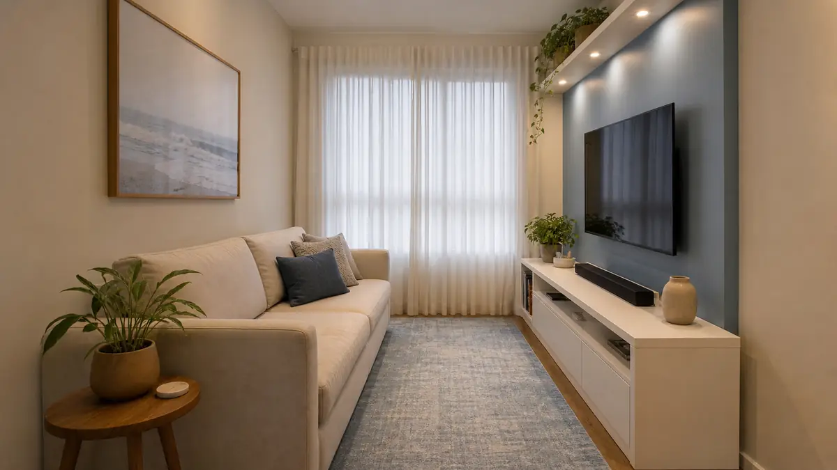 Sala estreita com nicho de TV azul gelo, tapete azul claro, rack branco e luz indireta.
