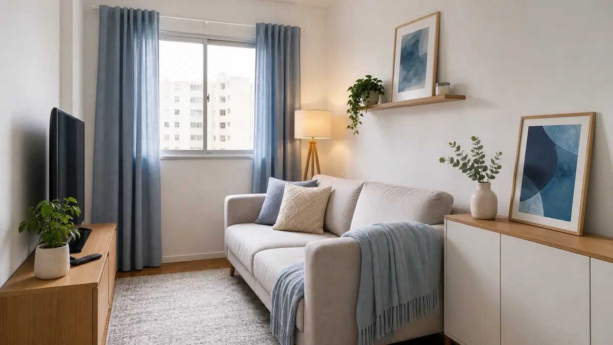Sala de apartamento alugado com cortina azul gelo, manta azul, quadros apoiados e móveis soltos.