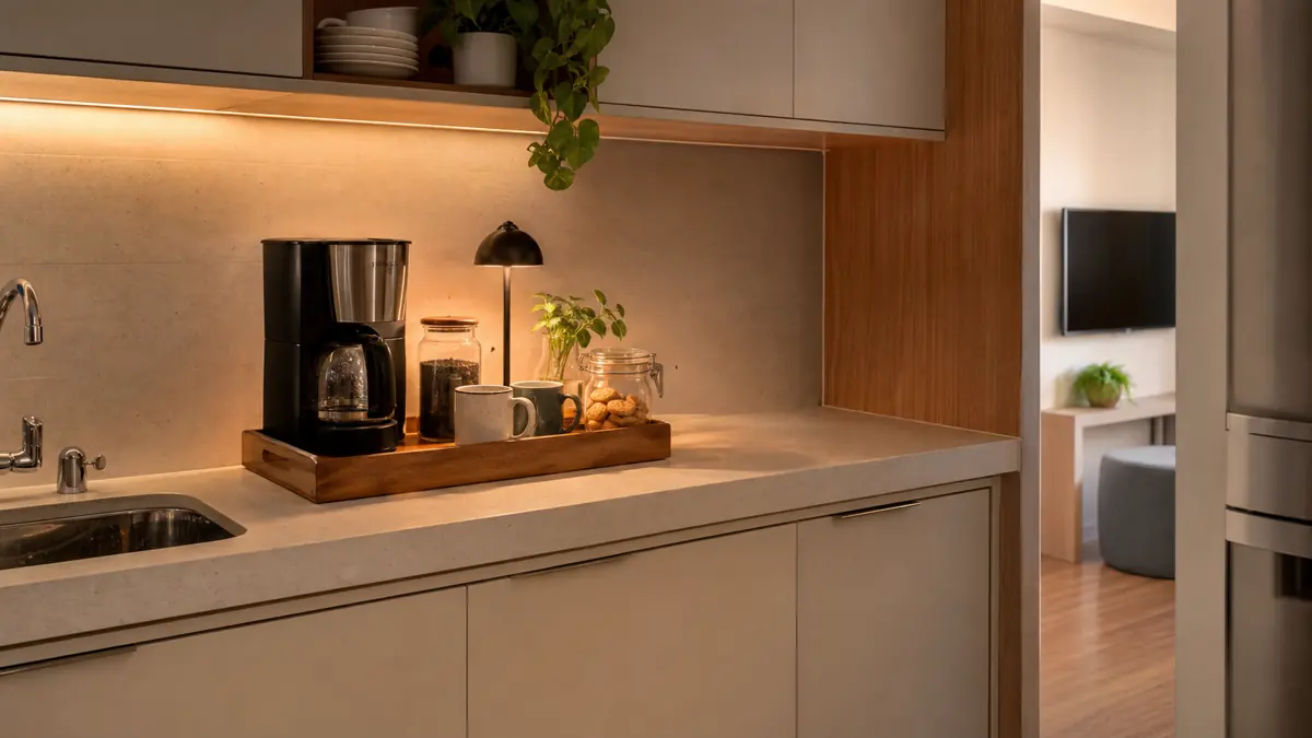 Bancada compacta com bandeja de café, cafeteira, xícaras, potes de vidro, luminária pequena e área livre ao lado.