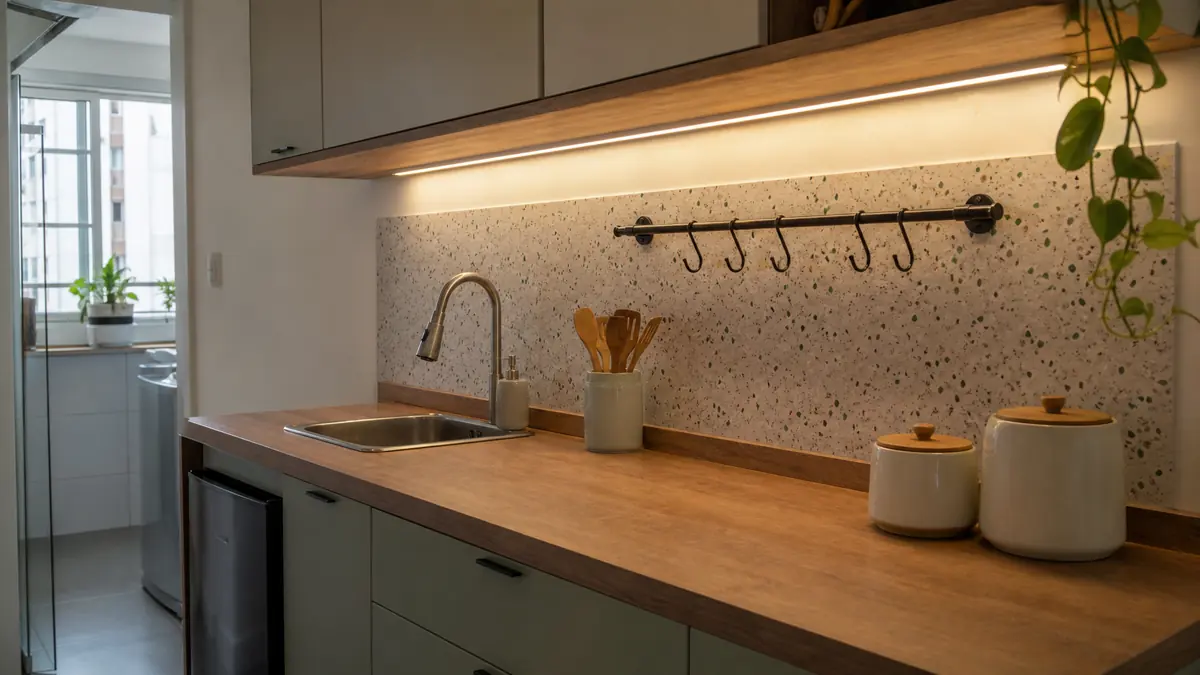 Cozinha pequena com bancada de madeira, painel removível, barra com ganchos, luz sob armário e área livre ao lado da cuba.