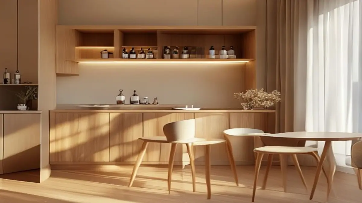 Sala de jantar compacta com armário de madeira para bar, iluminação quente e mesa redonda ao lado.