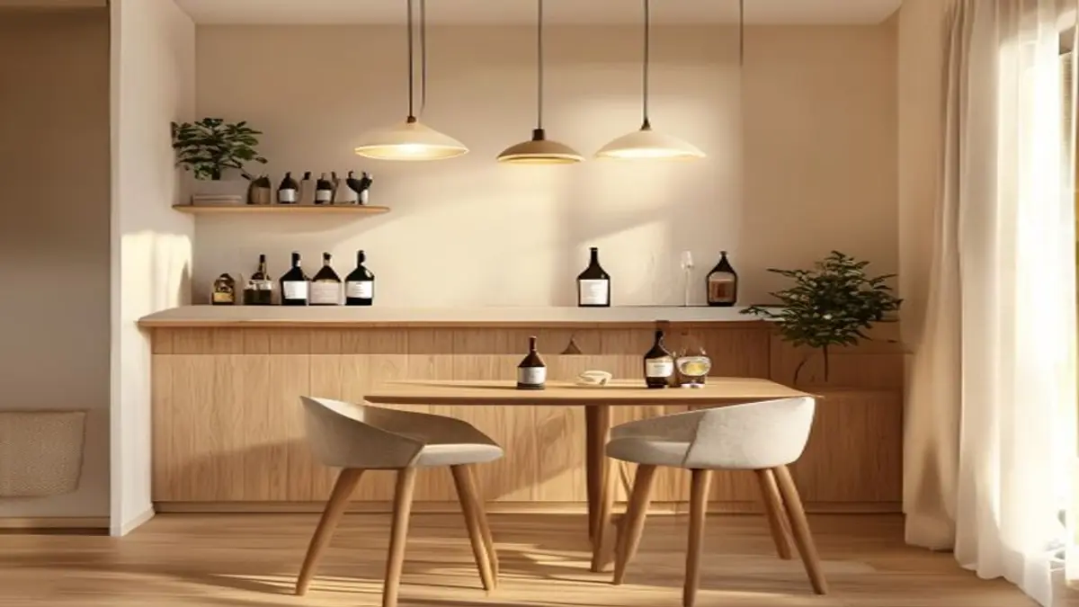 Sala de jantar pequena com bar de parede estreito, armário baixo e caminho livre ao lado da mesa.