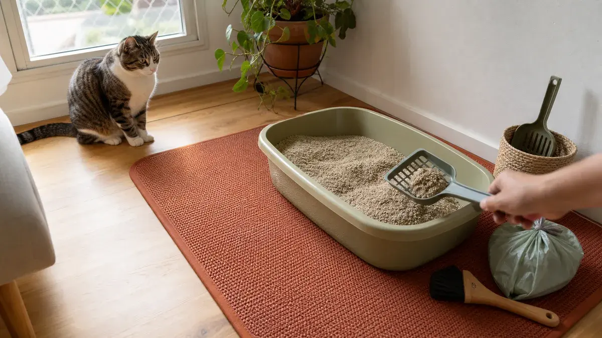 Caixa de areia aberta sobre tapete lavável em sala pequena, com pá, cesto e gato aguardando a limpeza.
