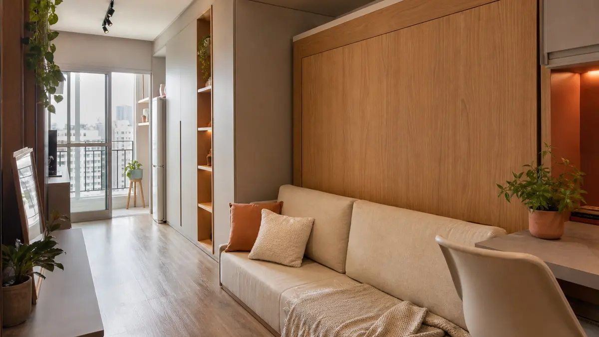Cama retrátil fechada como painel de madeira atrás de sofá em kitnet compacta, com sala e caminho de circulação livres.
