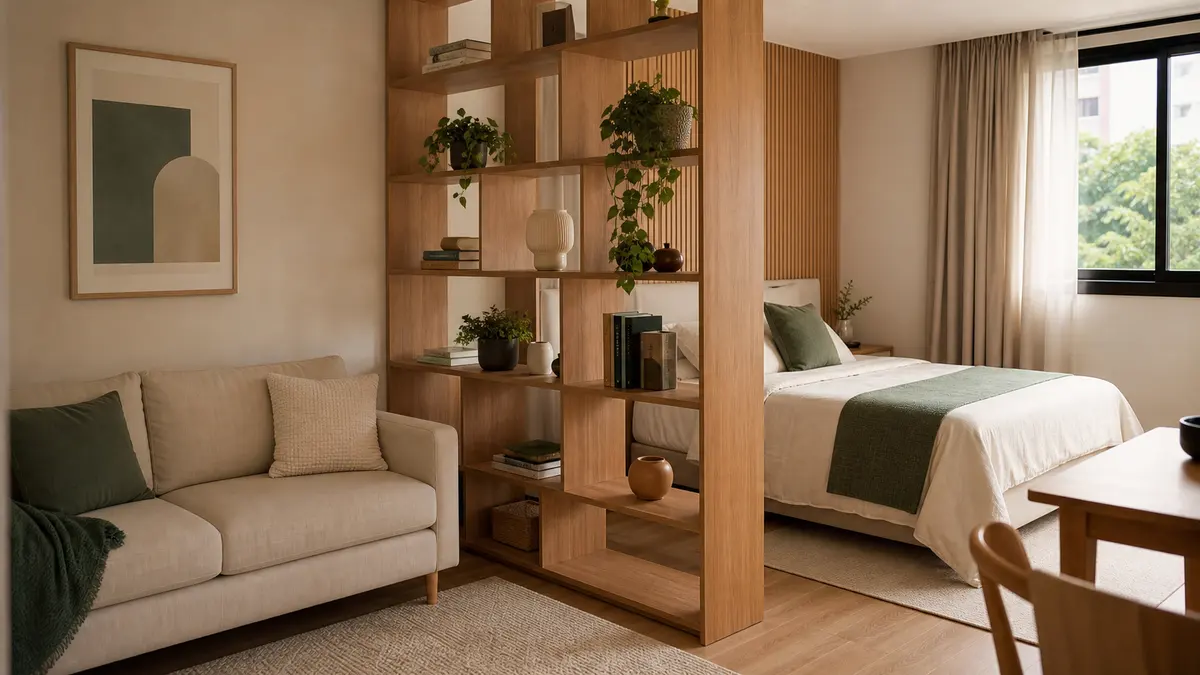 Estante vazada de madeira separando sofá e cama em apartamento compacto, com poucos livros, plantas e circulação aberta.