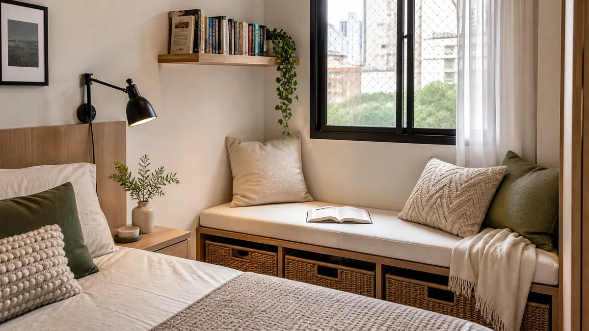 Quarto pequeno com banco estofado sob a janela, prateleira de livros, luminária articulada e cestos de armazenamento.