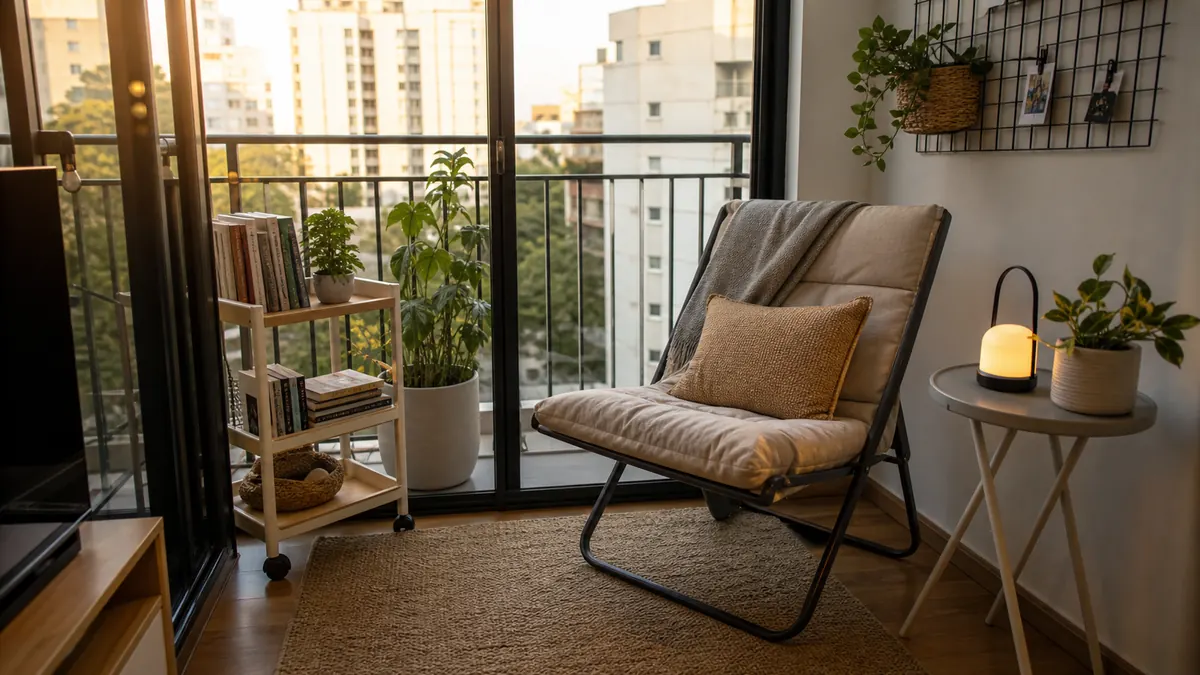 Canto de apartamento perto da varanda com cadeira dobrável acolchoada, carrinho de livros, luminária portátil e plantas.
