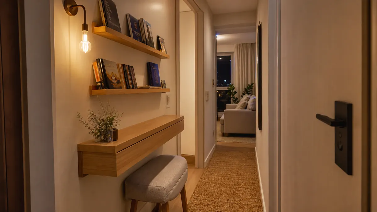 Corredor estreito de apartamento com prateleiras rasas de livros, banco estofado, arandela quente e passagem livre.