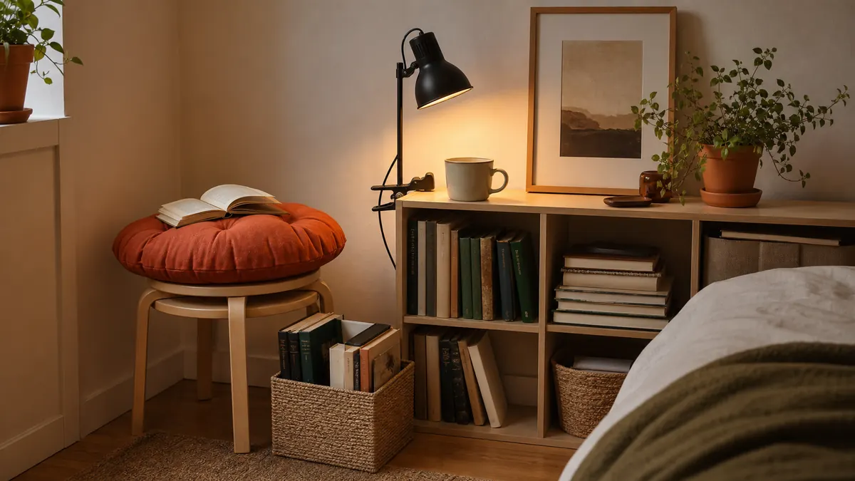Cantinho de leitura compacto com banqueta almofadada, prateleira baixa, cesto de livros e luminária de prender.