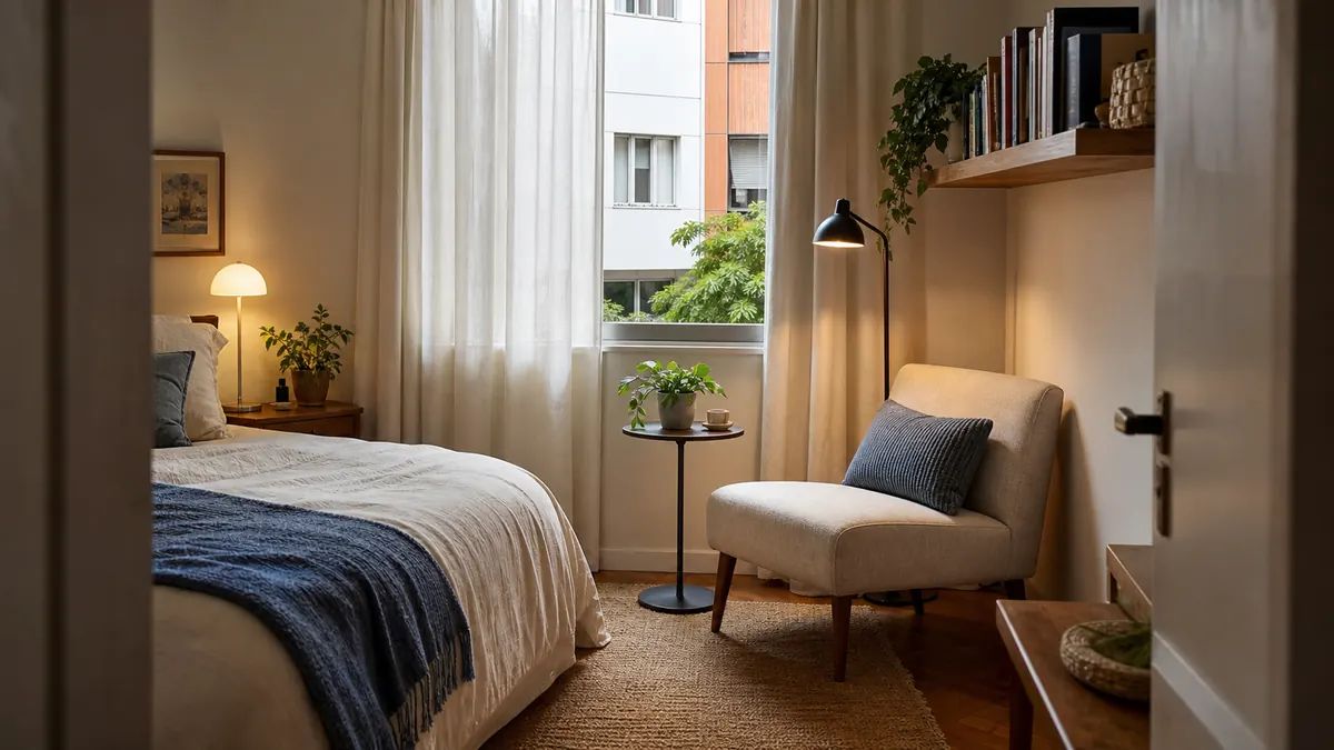 Quarto pequeno com cadeira de leitura perto da janela, cama, prateleira de livros e luminária acesa.