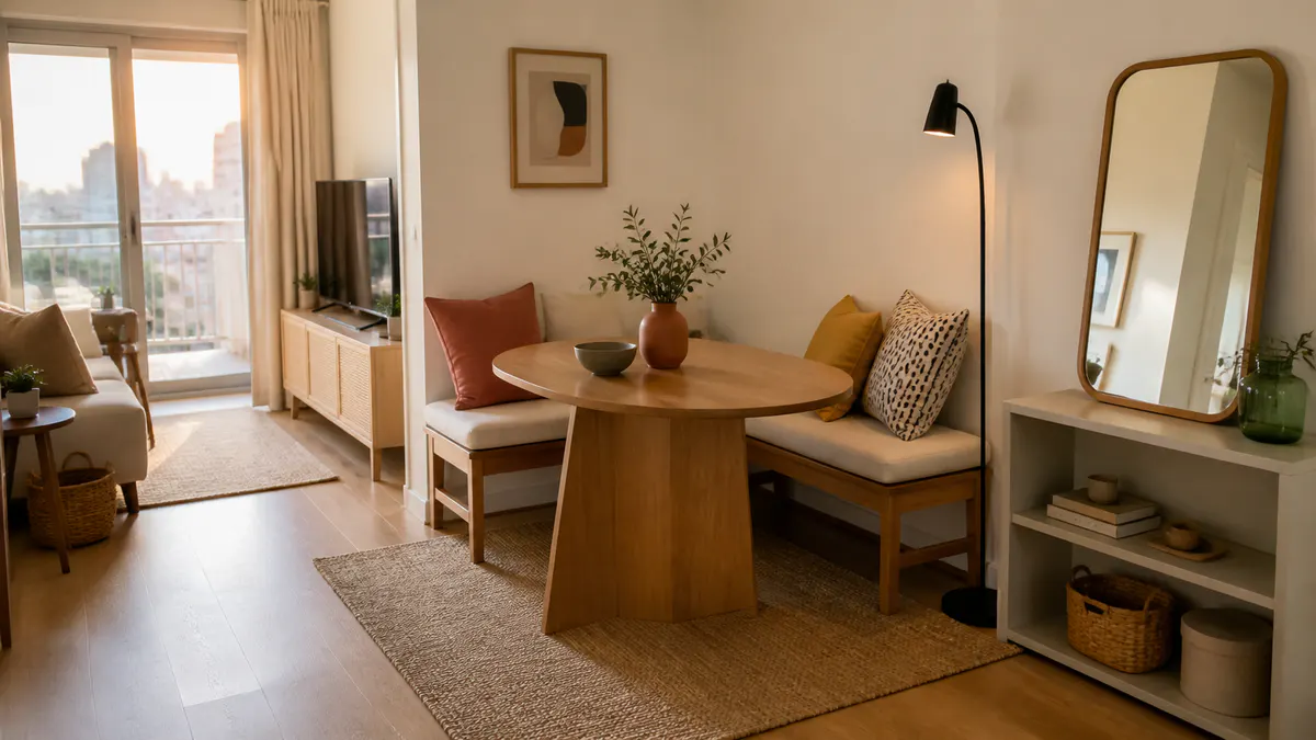 Canto alemão reversível em apartamento alugado, com bancos soltos, mesa oval, espelho apoiado e passagem livre para a sala.