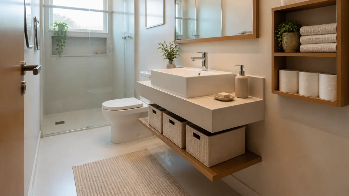 Banheiro pequeno com cestos sob a pia e prateleira na parede seca para guardar toalhas e papel.