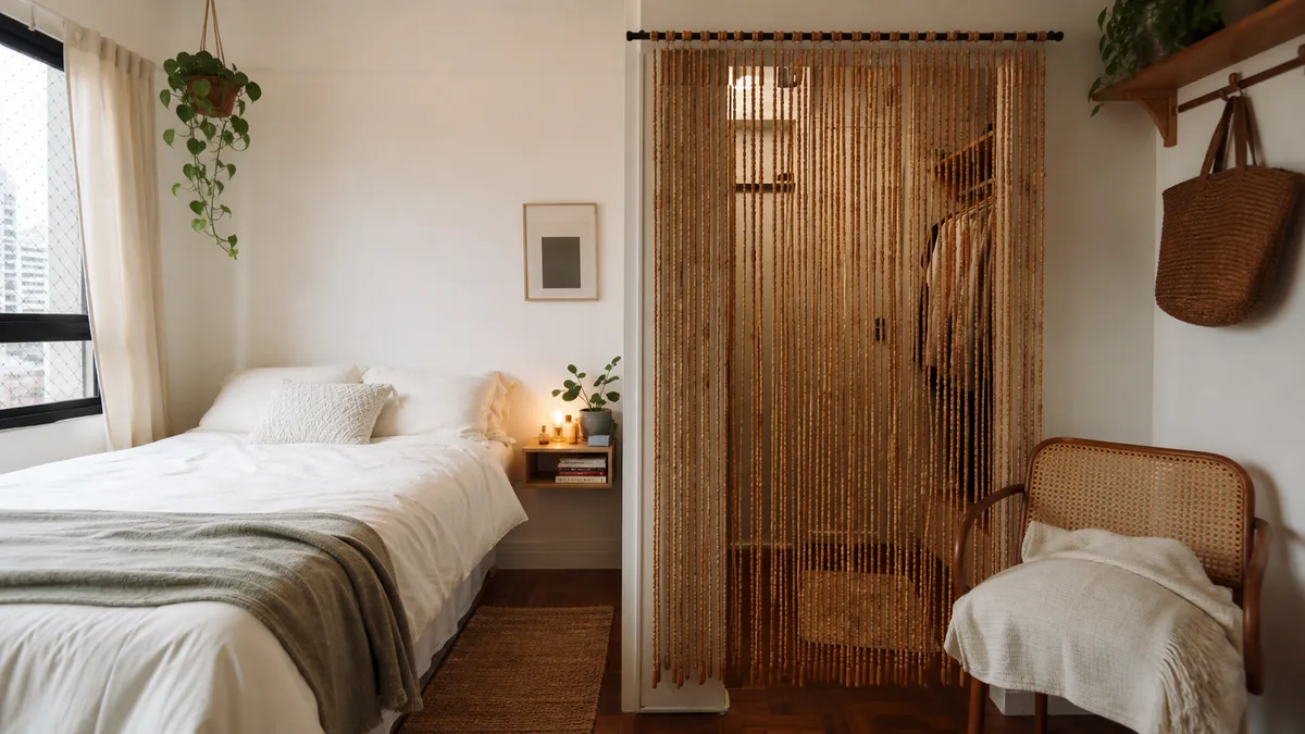 Quarto pequeno com cama e closet separados por cortina de bambu instalada em suporte removível.