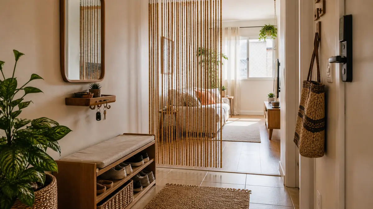 Hall pequeno com banco de sapatos e cortina de miçangas de bambu na entrada da sala.