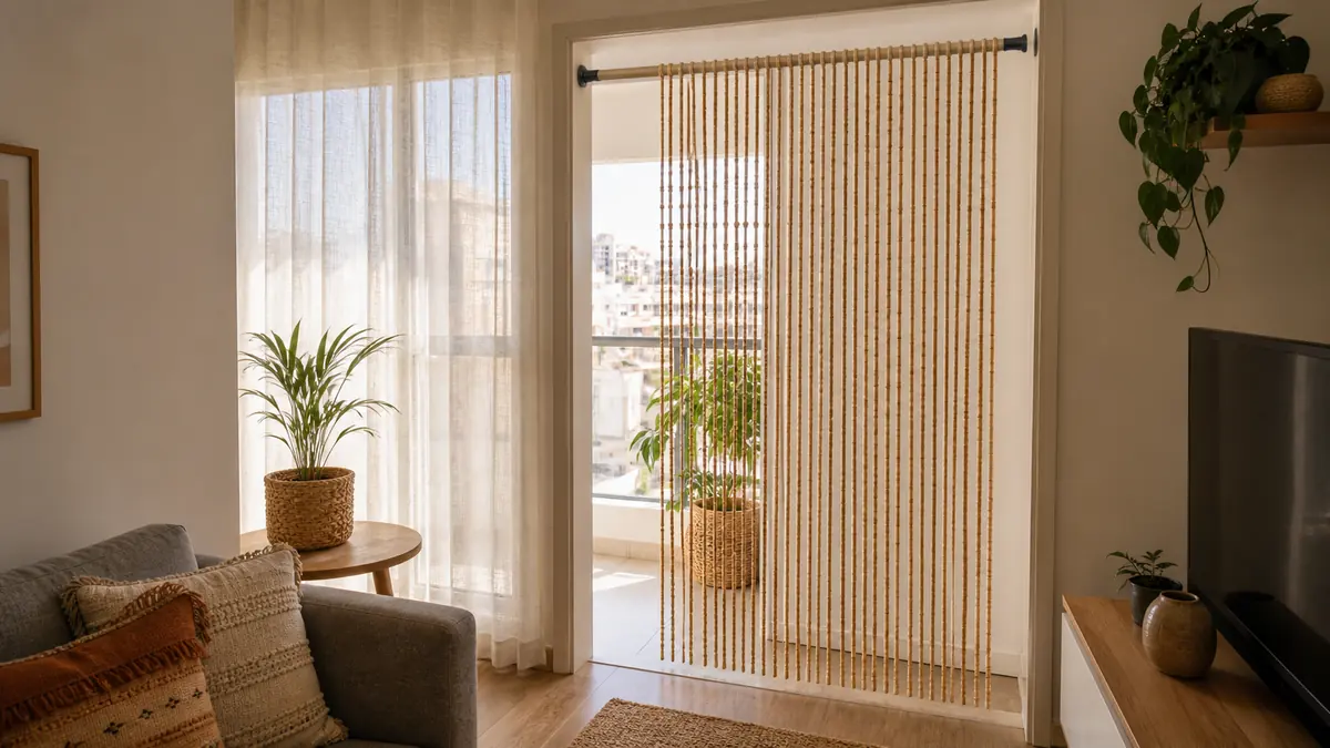 Sala alugada com cortina de miçangas de bambu em vão para varanda e plantas ao fundo.