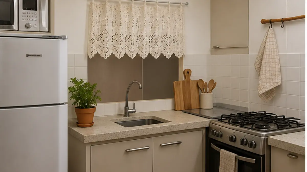 Cozinha alugada compacta com cortina curta de renda, varão simples, bancada clara e fogão lateral.