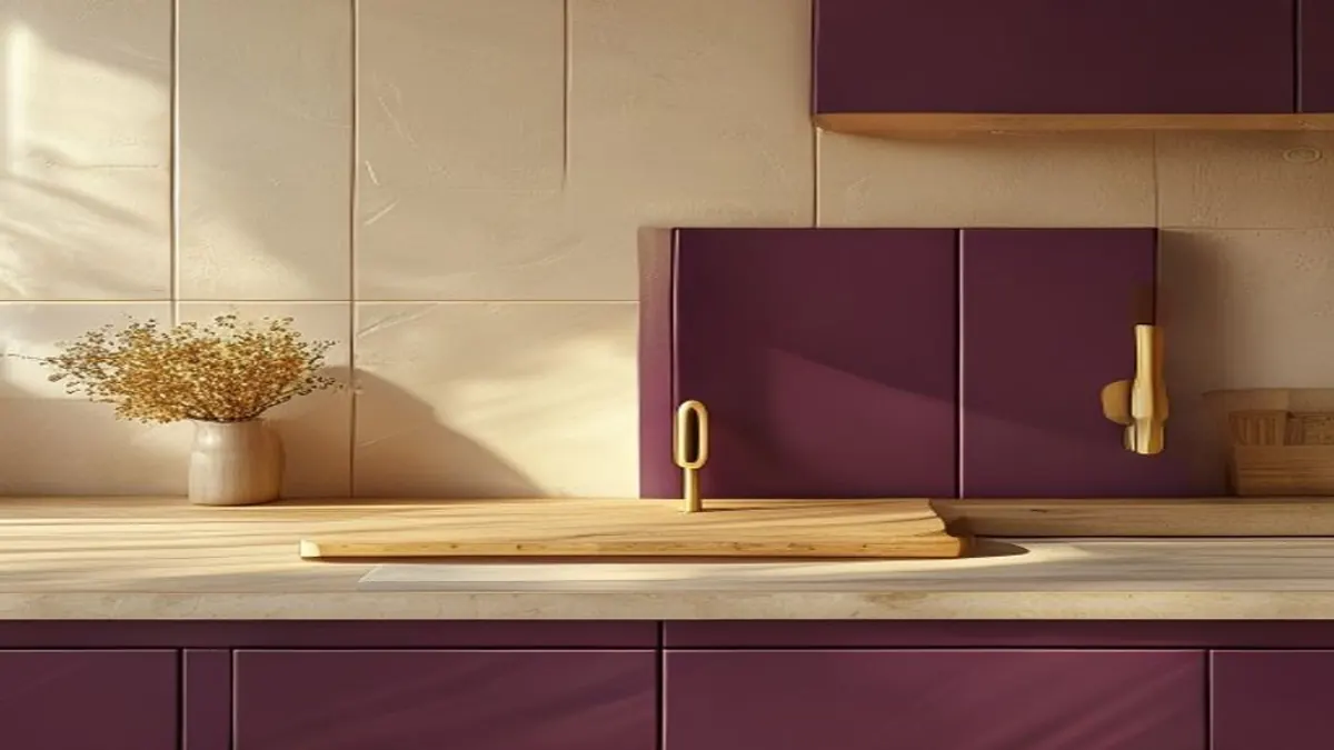 Detalhe de armário inferior berinjela com bancada clara, revestimento creme e luz quente.