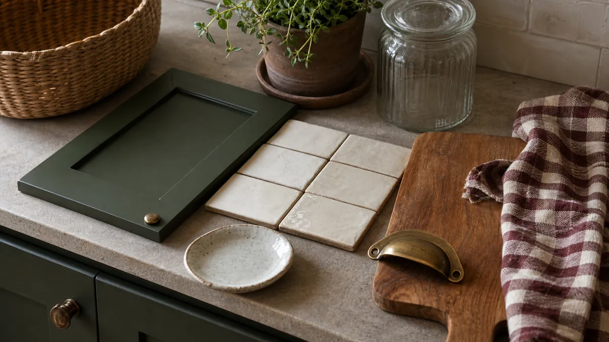 Paleta de materiais com verde escuro, azulejo claro, madeira, tecido xadrez, cerâmica e ervas.