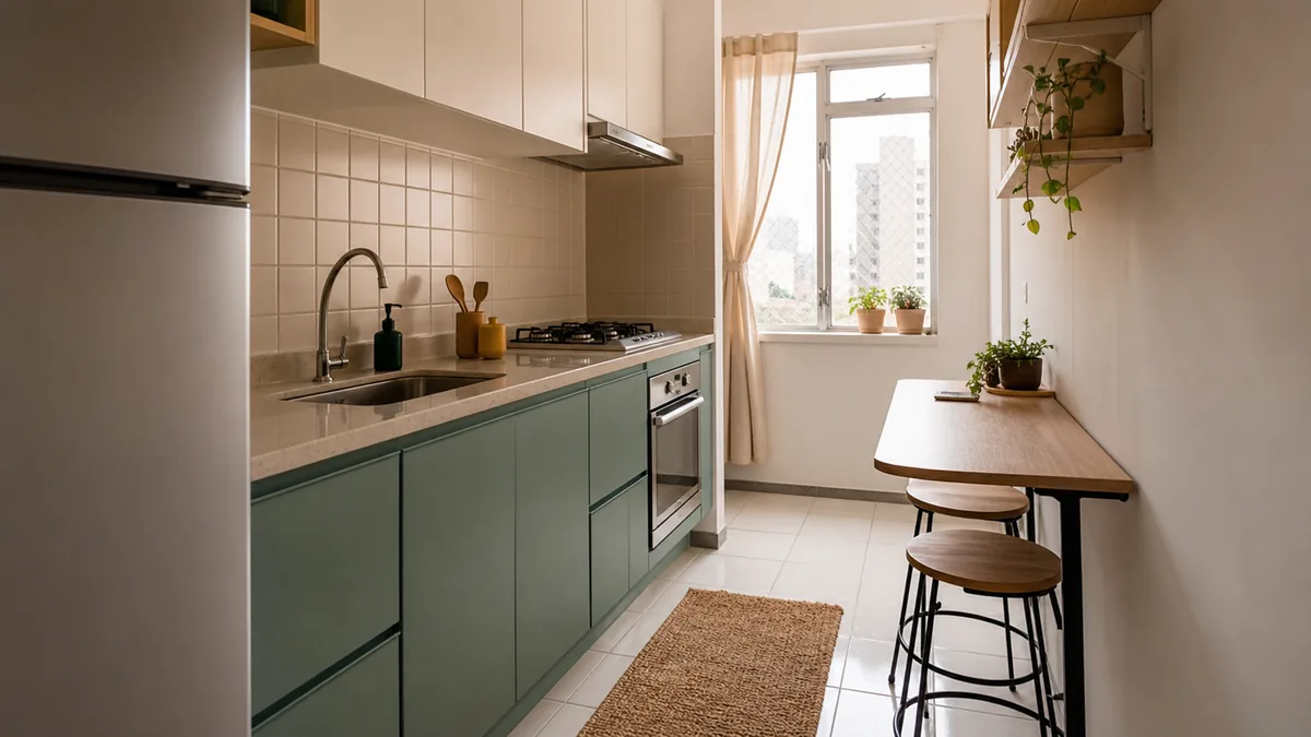 Cozinha compacta de apartamento com armarios inferiores verde azulados, armarios superiores brancos, cortina clara e bancada livre.