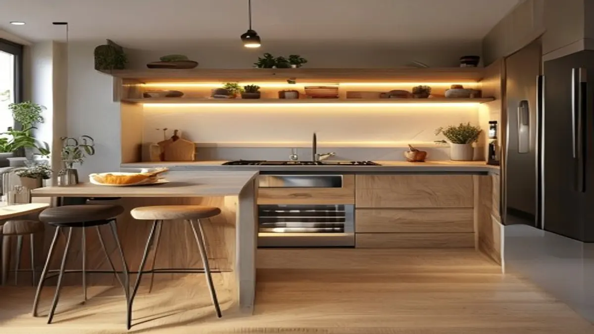 Península de cozinha pequena com luz quente, gavetas rasas, bancos recolhidos e bancada livre.