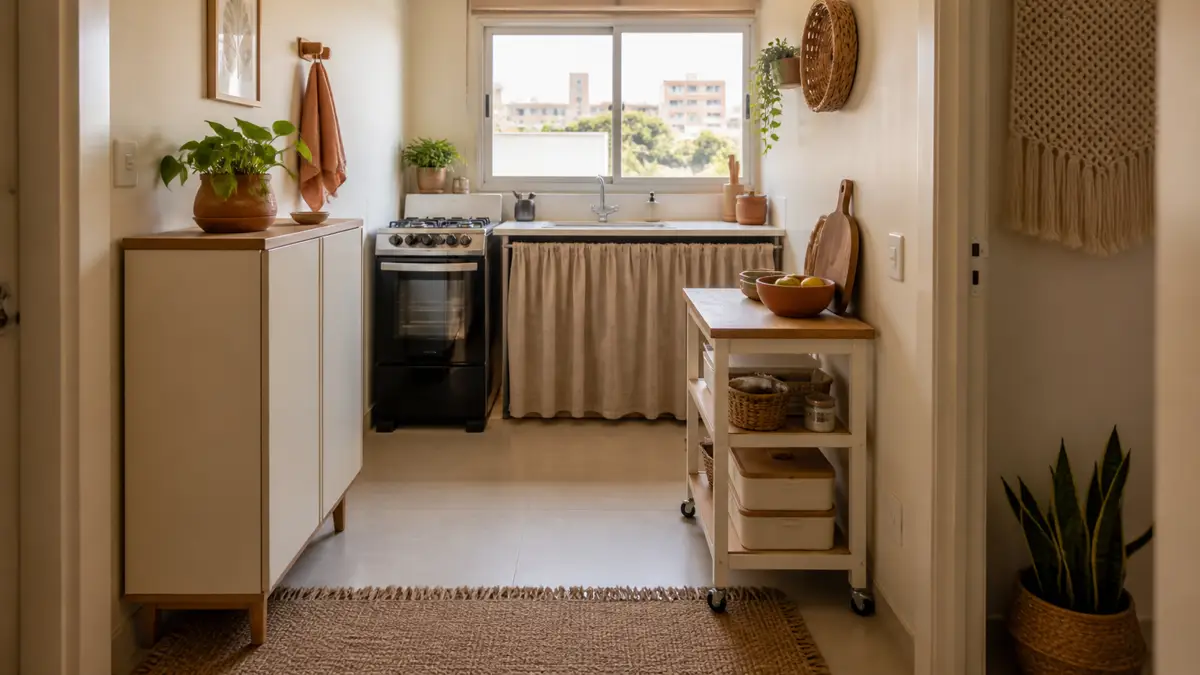 Cozinha alugada vista da entrada com móvel solto, carrinho reversível e caminho livre até a janela.