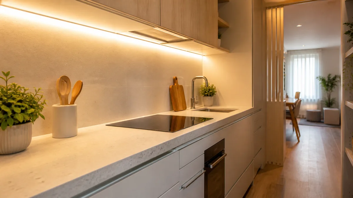 Cozinha compacta com iluminação sob os armários e passagem aberta para uma sala clara.