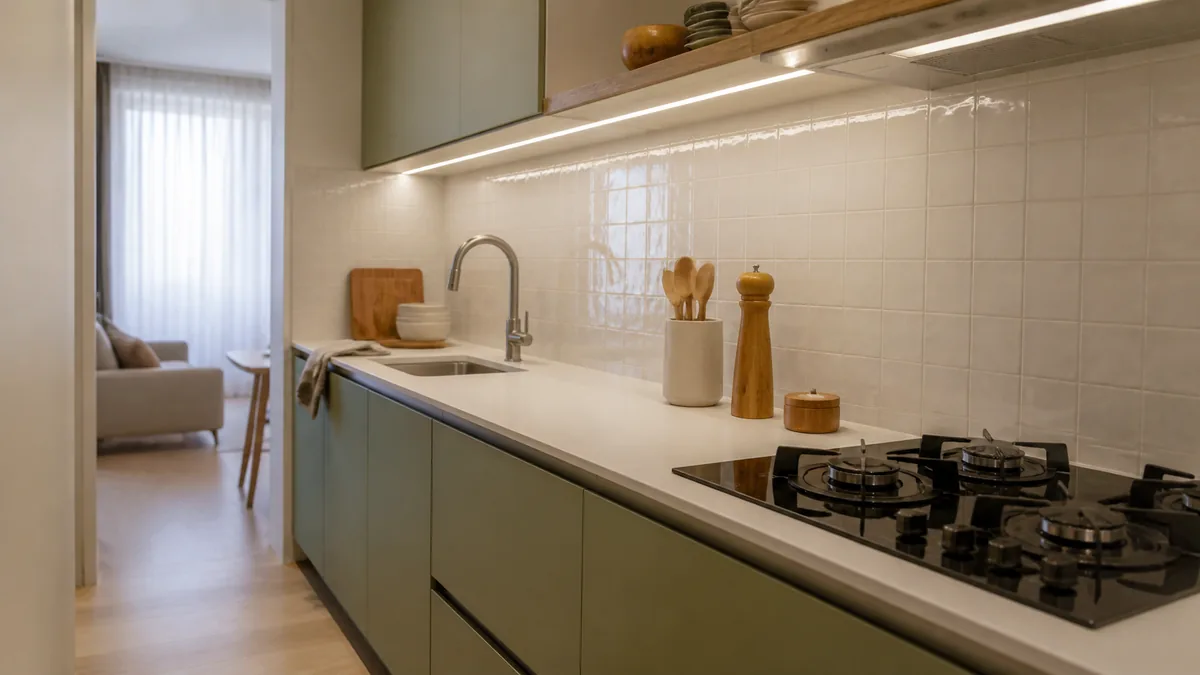 Cozinha pequena sem janela direta com revestimento claro, armários verde suave e iluminação de tarefa.