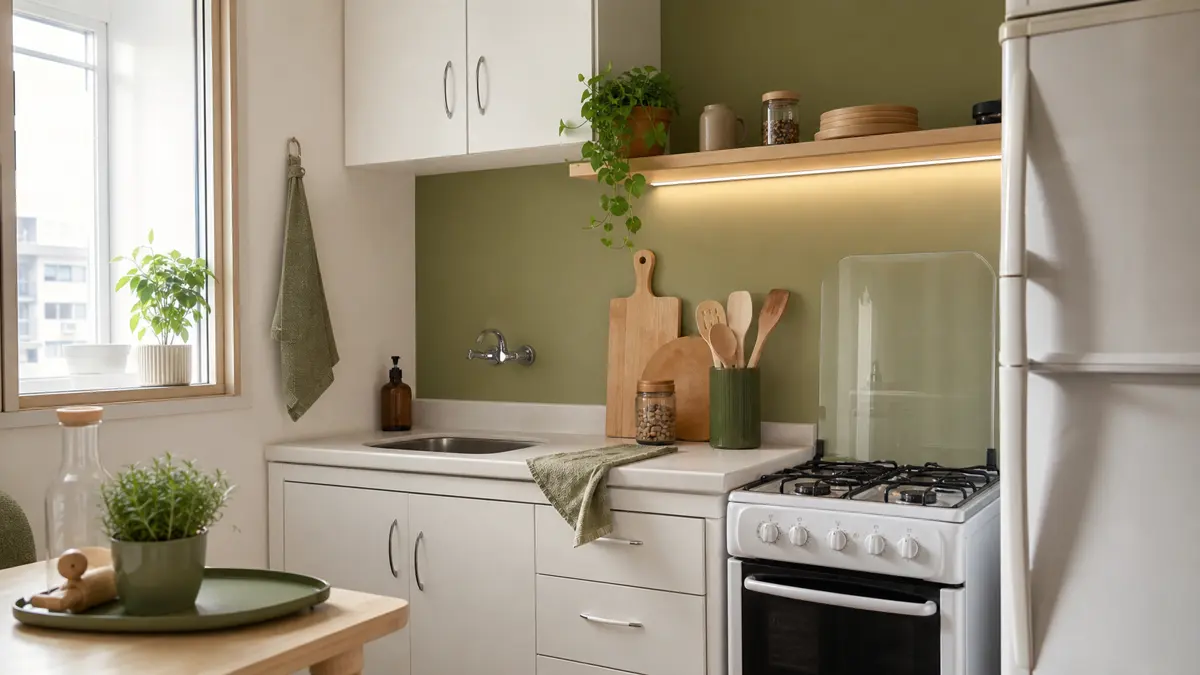 Cozinha pequena de apartamento alugado com parede verde oliva, armários brancos, prateleira de madeira e acessórios removíveis.