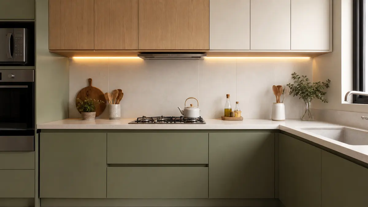 Cozinha compacta com armários inferiores verde oliva, parte superior clara, madeira e luz sob os armários.