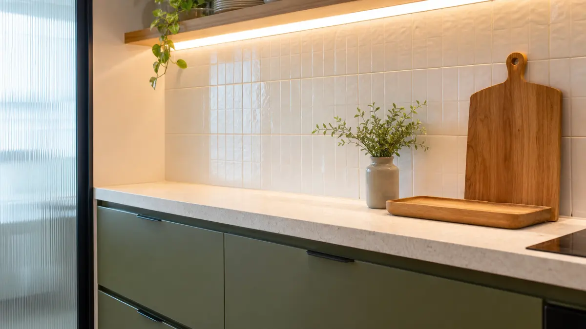Detalhe de cozinha com armário verde oliva fosco, bancada clara, azulejo branco, tábua de madeira e luz de tarefa.