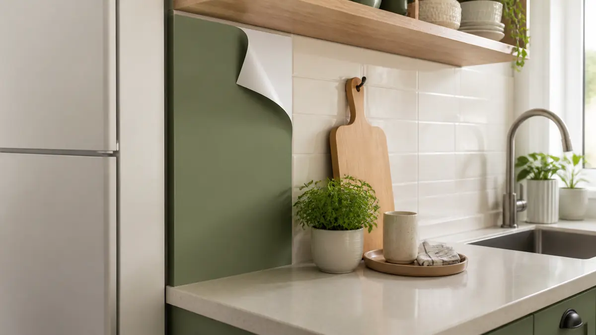 Bancada compacta com painel verde sálvia removível, azulejo creme, madeira clara e vaso de ervas.