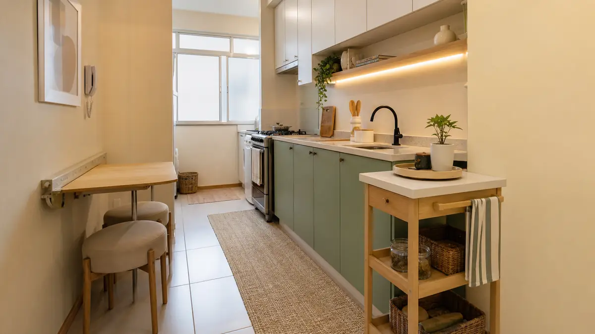Cozinha estreita de apartamento alugado com armários verde sálvia, paredes creme, carrinho de madeira e luz quente sob prateleira.