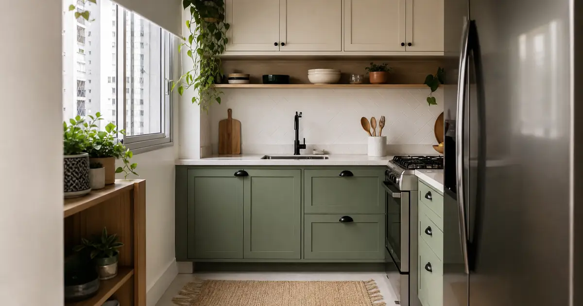 Cozinha verde sálvia e creme sem ficar sem graça
