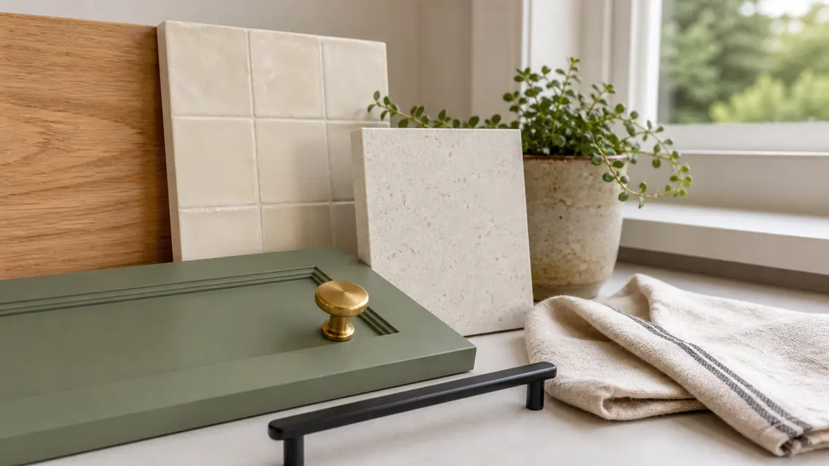 Amostras de verde sálvia, azulejo creme, madeira clara, pedra off-white e puxadores em metal.