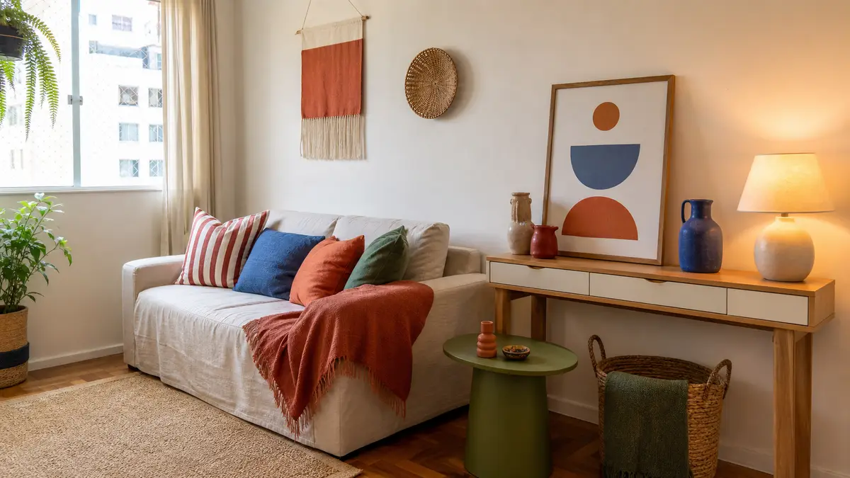 Sofá claro em sala compacta com almofada listrada, mesa lateral verde, quadro apoiado e luminária de mesa em apartamento alugado.