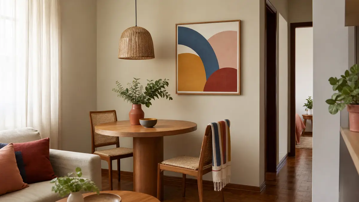 Canto de jantar compacto com mesa redonda de madeira, quadro geométrico, luminária de palha e manta listrada em uma cadeira.