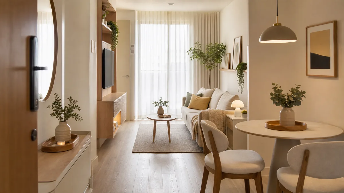 Apartamento compacto realista com caminho livre, tapete proporcional, mesa redonda e iluminação quente para atualizar sem reforma.
