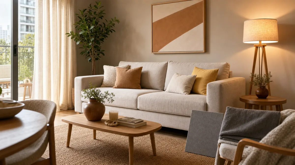 Sala compacta realista com sofá claro, madeira, luz quente e acentos em amarelo suave substituindo a decoração cinza fria.