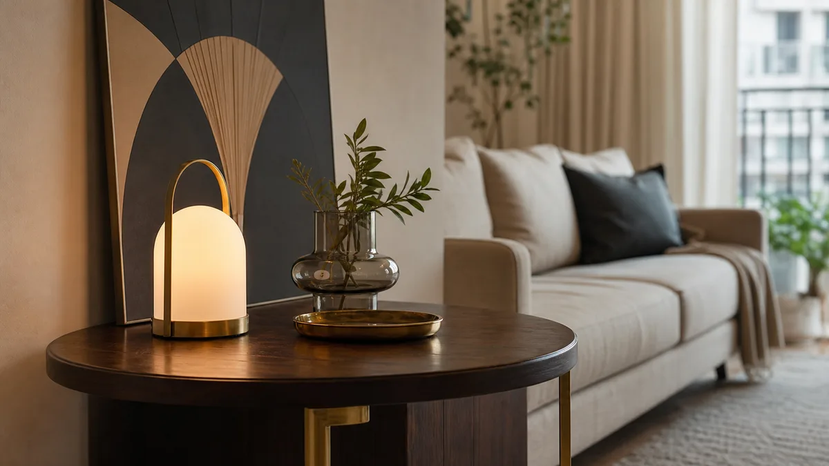 Mesa lateral escura com luminária portátil, bandeja metálica, vaso de vidro e arte geométrica em sala pequena.