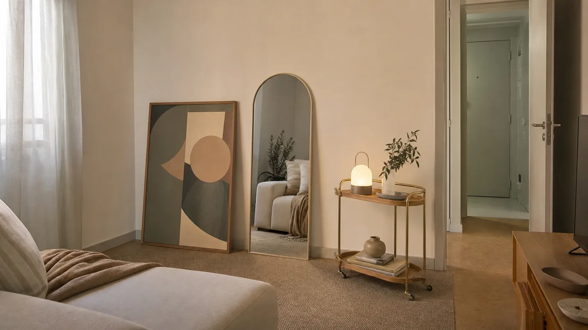 Sala alugada com quadro e espelho apoiados, carrinho-bar móvel e luminária portátil em composição neodécô clara.