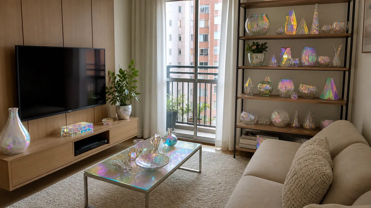 Sala pequena com muitos objetos opalescentes e holográficos juntos na estante, mesa de centro e rack da TV.