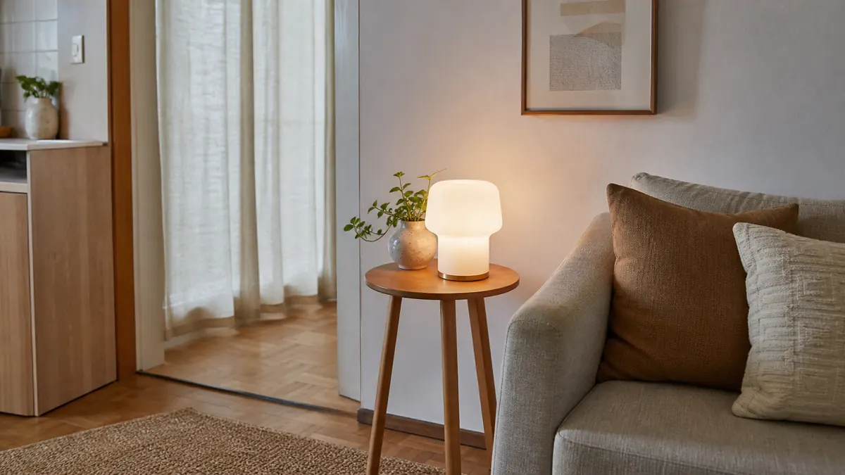 Mesa lateral de madeira com luminária opalescente acesa, vaso pequeno, sofá claro e cortina de linho ao lado.