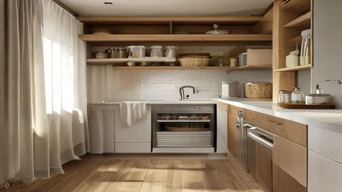 Cozinha compacta clara com cortina neutra, prateleiras de madeira, cestos e potes organizados perto da bancada.