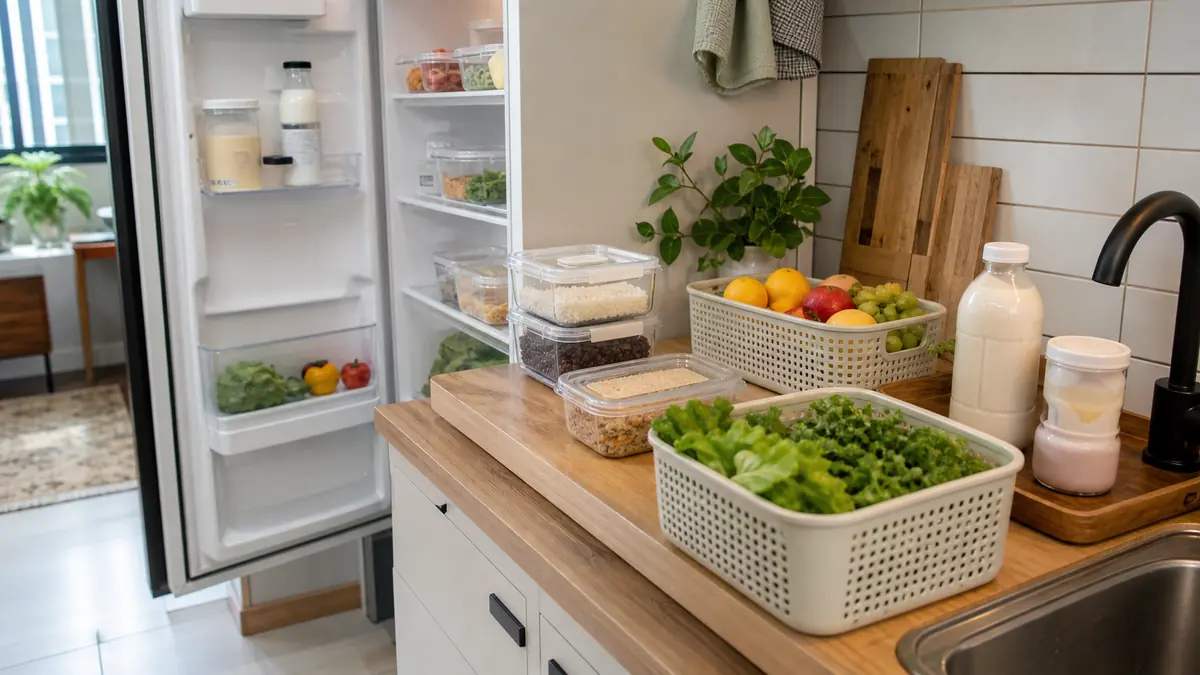 Bancada de cozinha pequena com compras da semana, cestos laváveis, potes transparentes e geladeira aberta ao fundo.