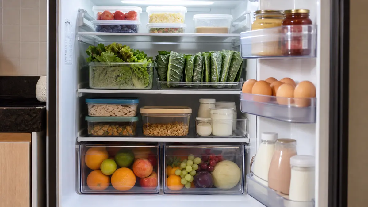 Interior de geladeira compacta com folhas, frutas, ovos e sobras agrupados em potes e gavetas transparentes.