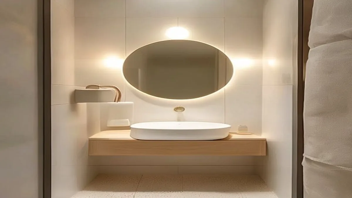 Lavabo pequeno com espelho oval iluminado, cuba compacta, revestimento claro e luz quente ao redor da bancada.