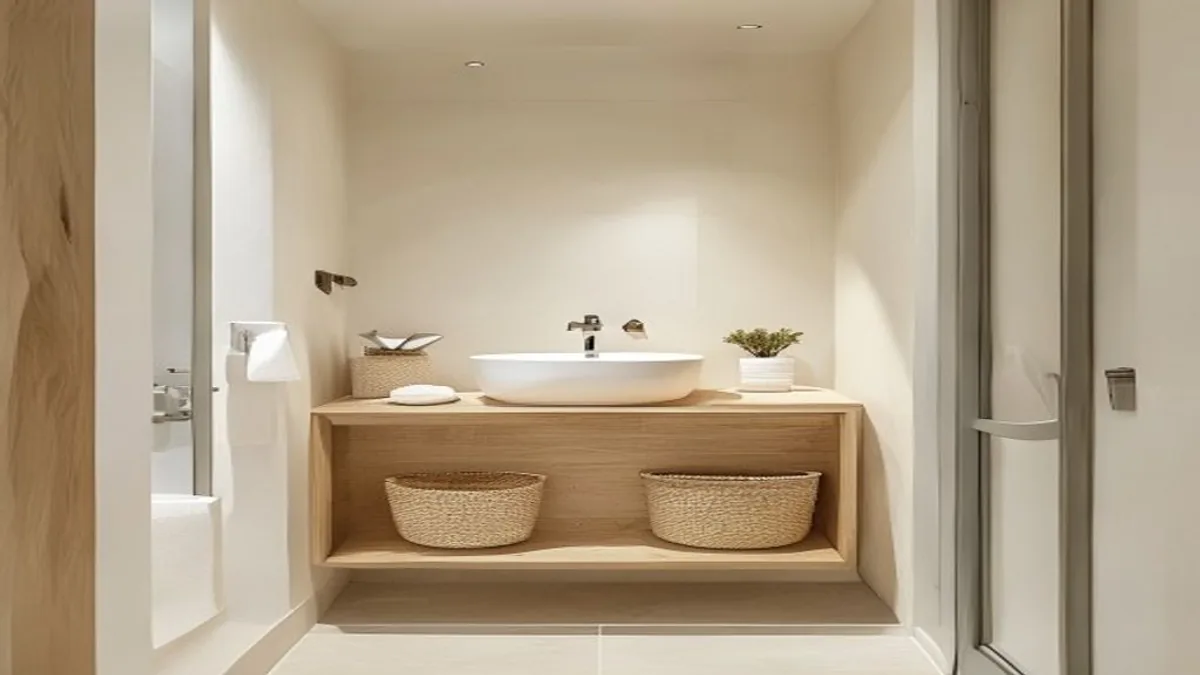 Lavabo estreito com uma cuba branca, bancada de madeira clara, cestos organizadores e parede neutra sem excesso de objetos.
