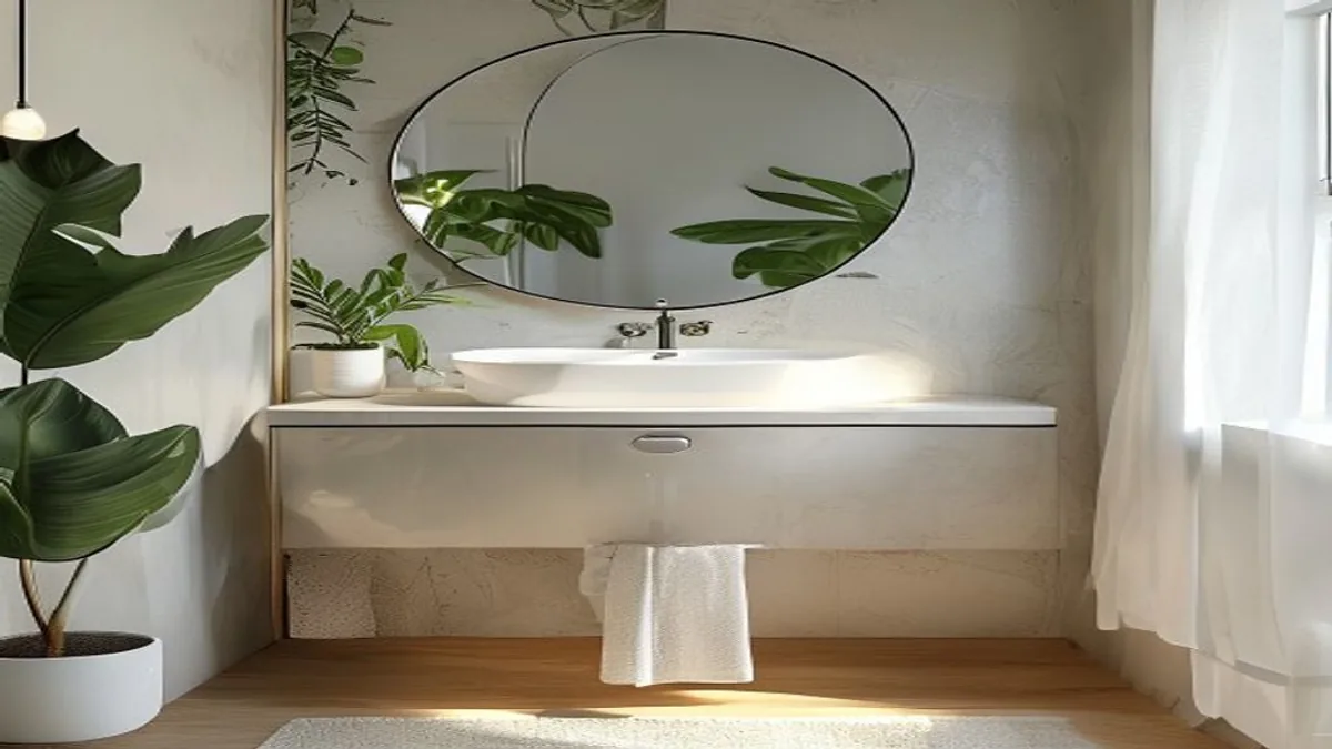 Lavabo pequeno com papel de parede claro, espelho oval, cuba branca, planta e luz natural suave.
